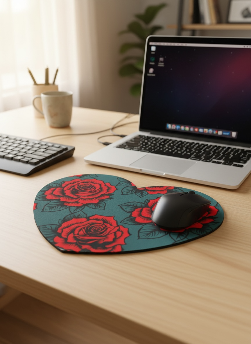 Gothic Red Rose Heart Shaped Mousemat | Neoprene Rubber | Bold Floral Print