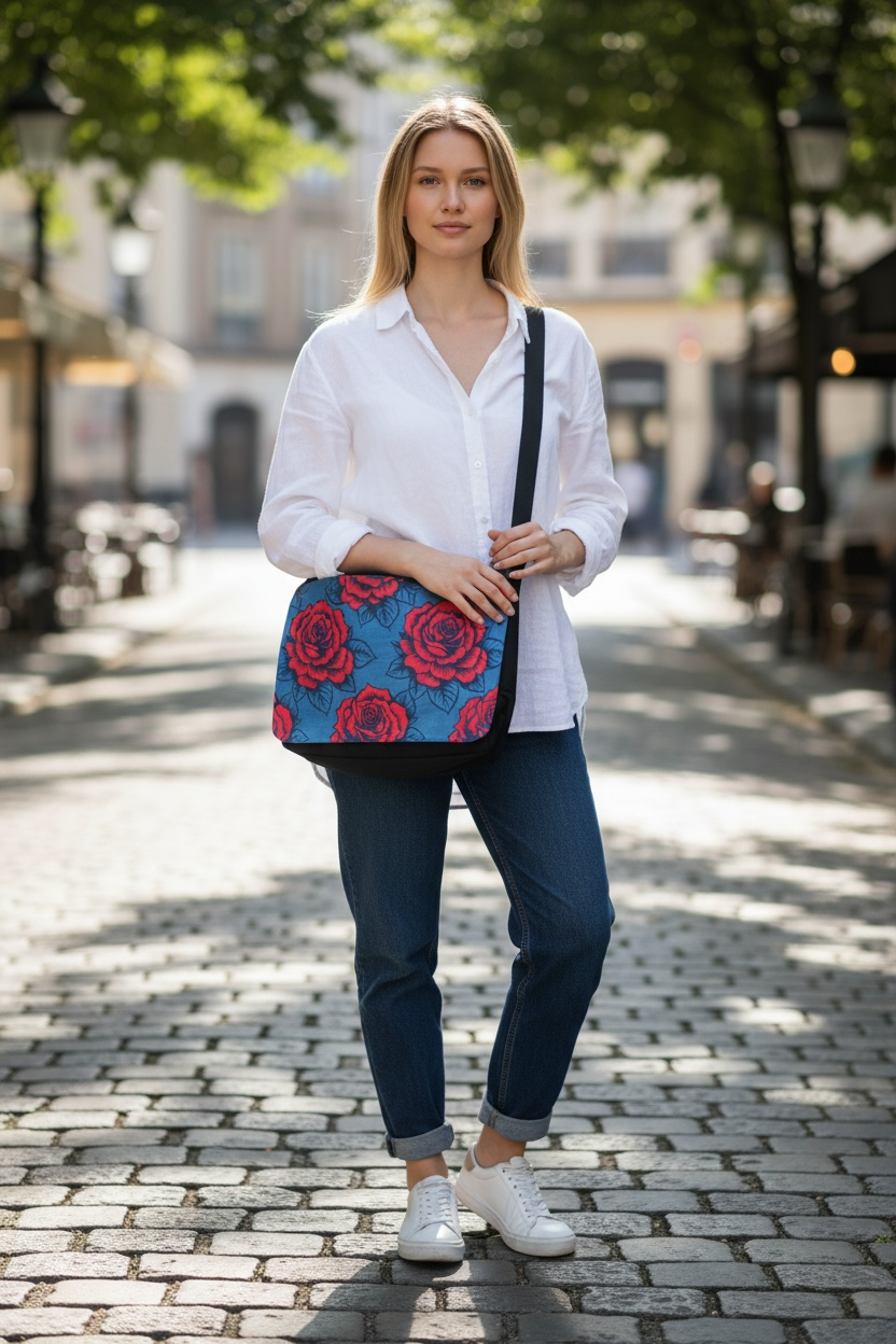 Dark Red Rose Crossbody Bag | Teal | Adjustable Strap | 25x28cm