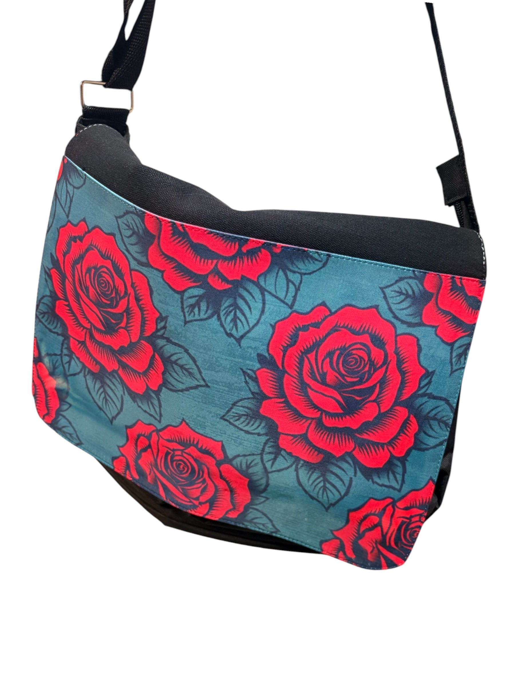Dark Red Rose Crossbody Bag | Teal | Adjustable Strap | 25x28cm