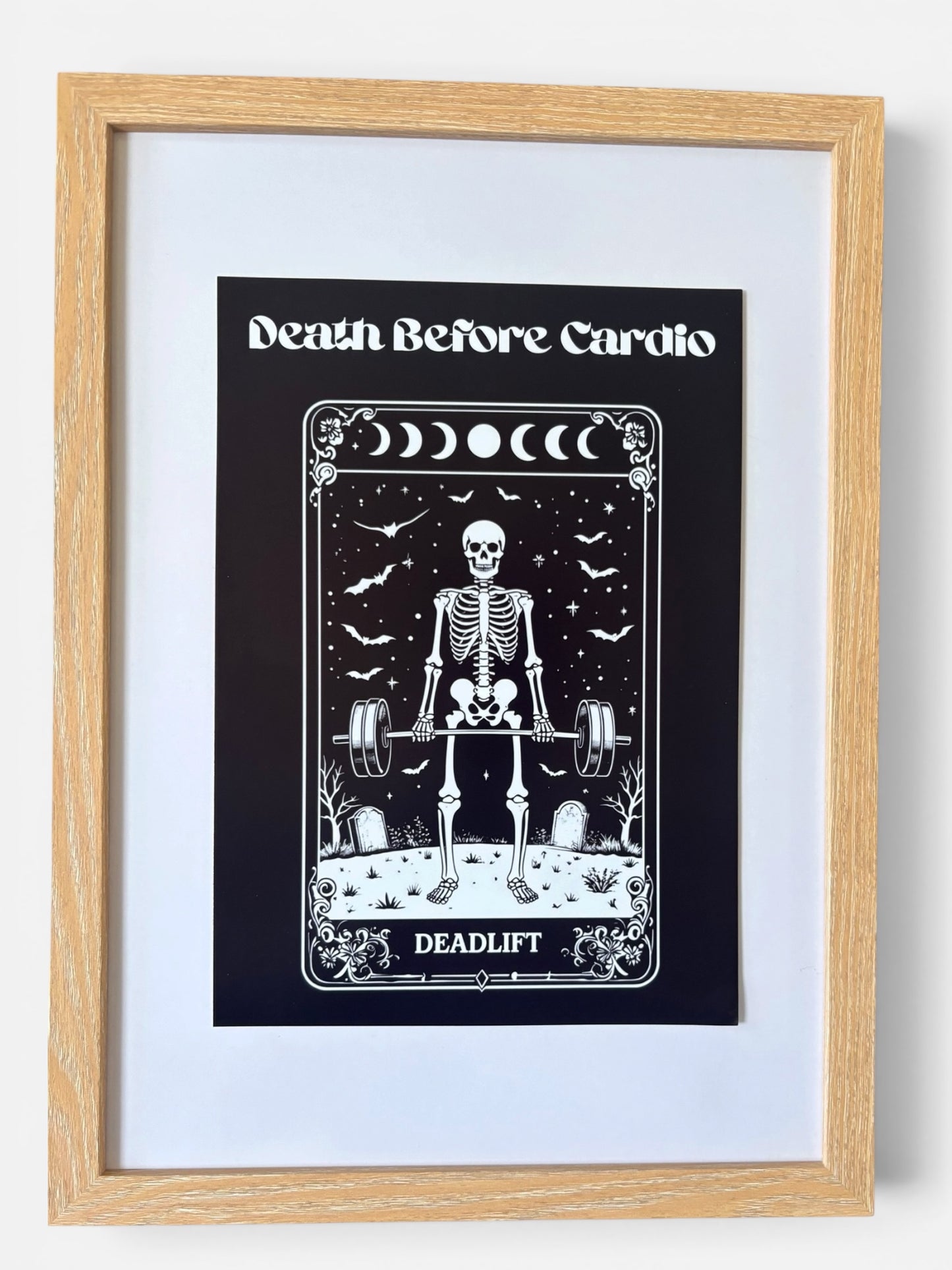 Death Before Cardio Gothic Art Print | Skeleton Deadlifting Tarot Style | A5 A4 A3