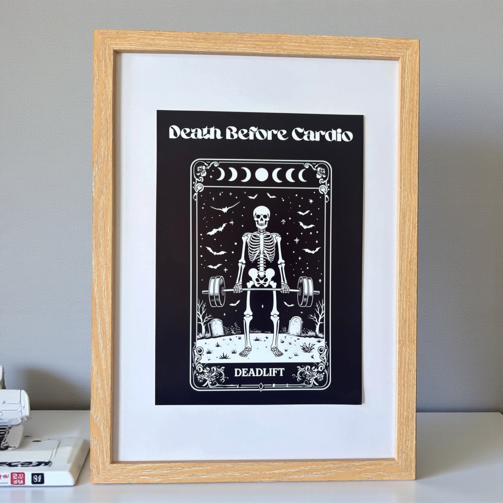 Death Before Cardio Gothic Art Print | Skeleton Deadlifting Tarot Style | A5 A4 A3