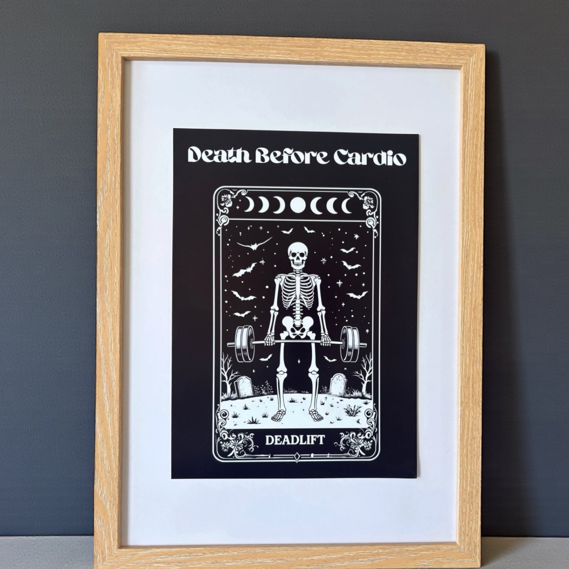 Death Before Cardio Gothic Art Print | Skeleton Deadlifting Tarot Style | A5 A4 A3