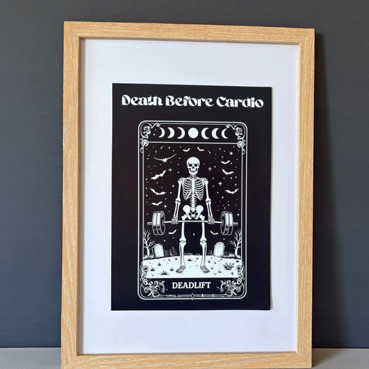 Death Before Cardio Gothic Art Print | Skeleton Deadlifting Tarot Style | A5 A4 A3