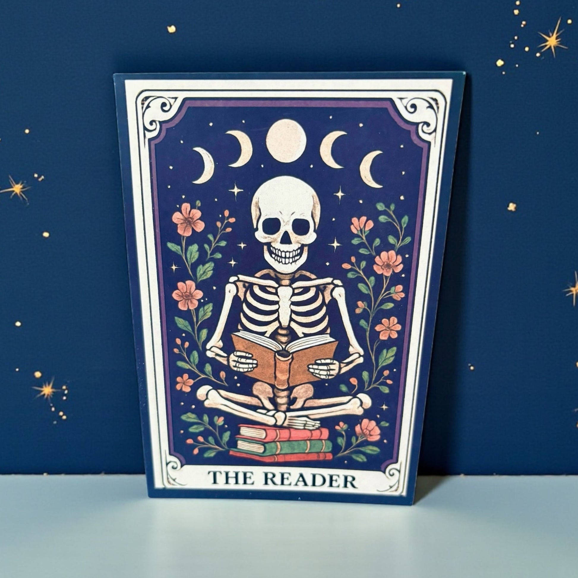 The Reader A5 Gothic Greeting Card | Skeleton Tarot Design | Book Lover Gift