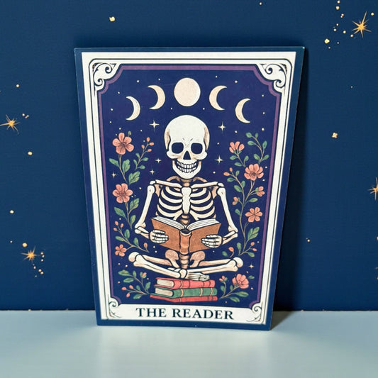 The Reader A5 Gothic Greeting Card | Skeleton Tarot Design | Book Lover Gift
