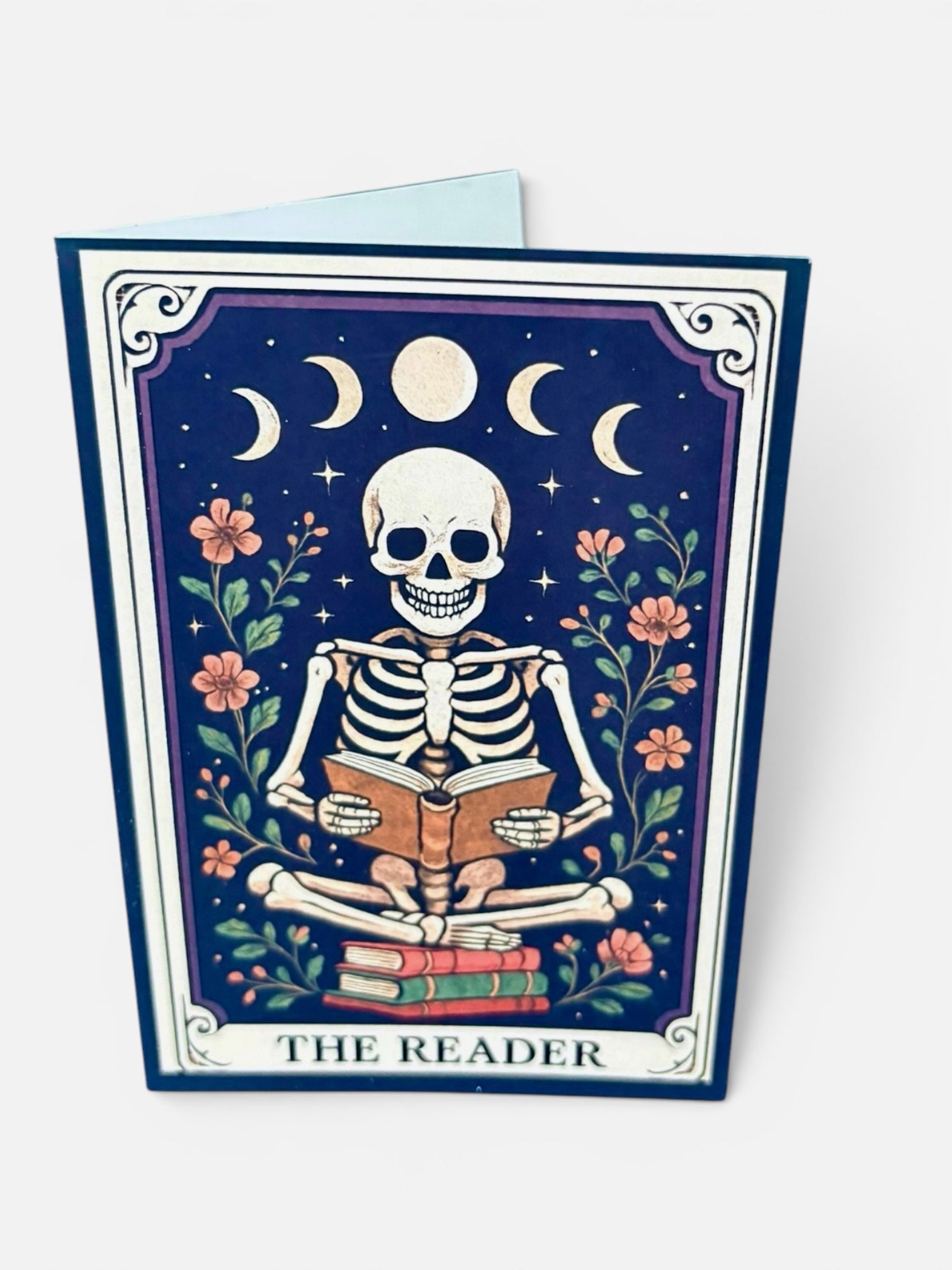 The Reader A5 Gothic Greeting Card | Skeleton Tarot Design | Book Lover Gift