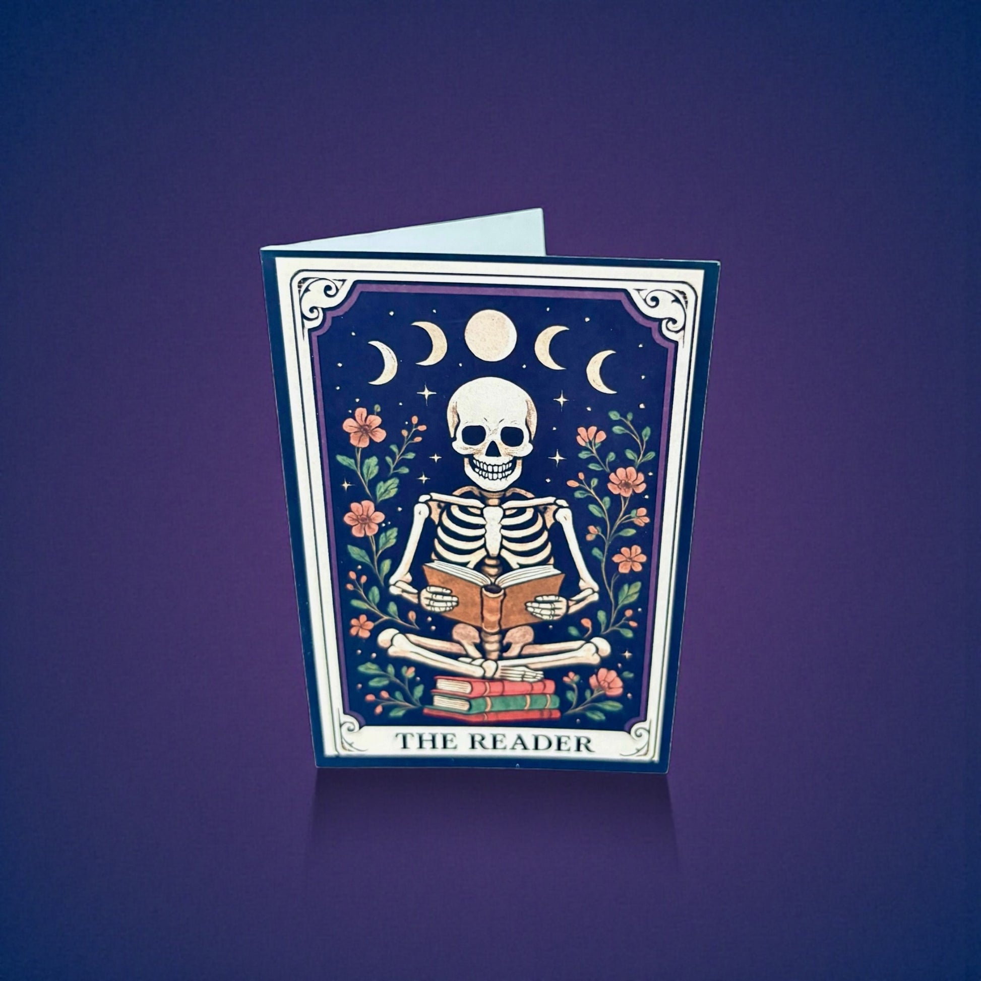 The Reader A5 Gothic Greeting Card | Skeleton Tarot Design | Book Lover Gift