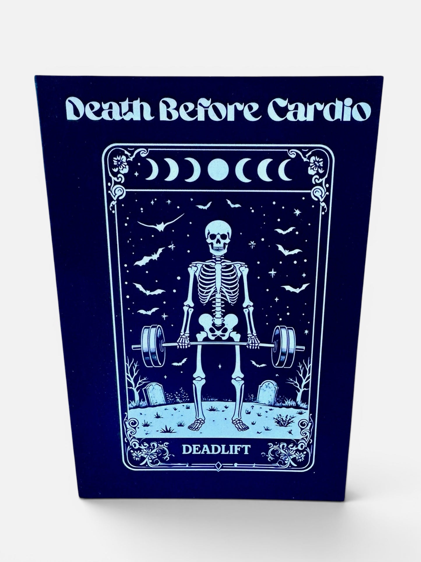 Death Before Cardio A5 Gothic Greeting Card | Skeleton Tarot Design