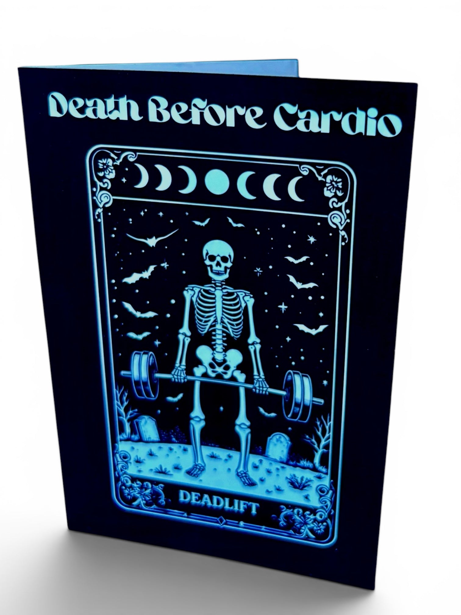 Death Before Cardio A5 Gothic Greeting Card | Skeleton Tarot Design