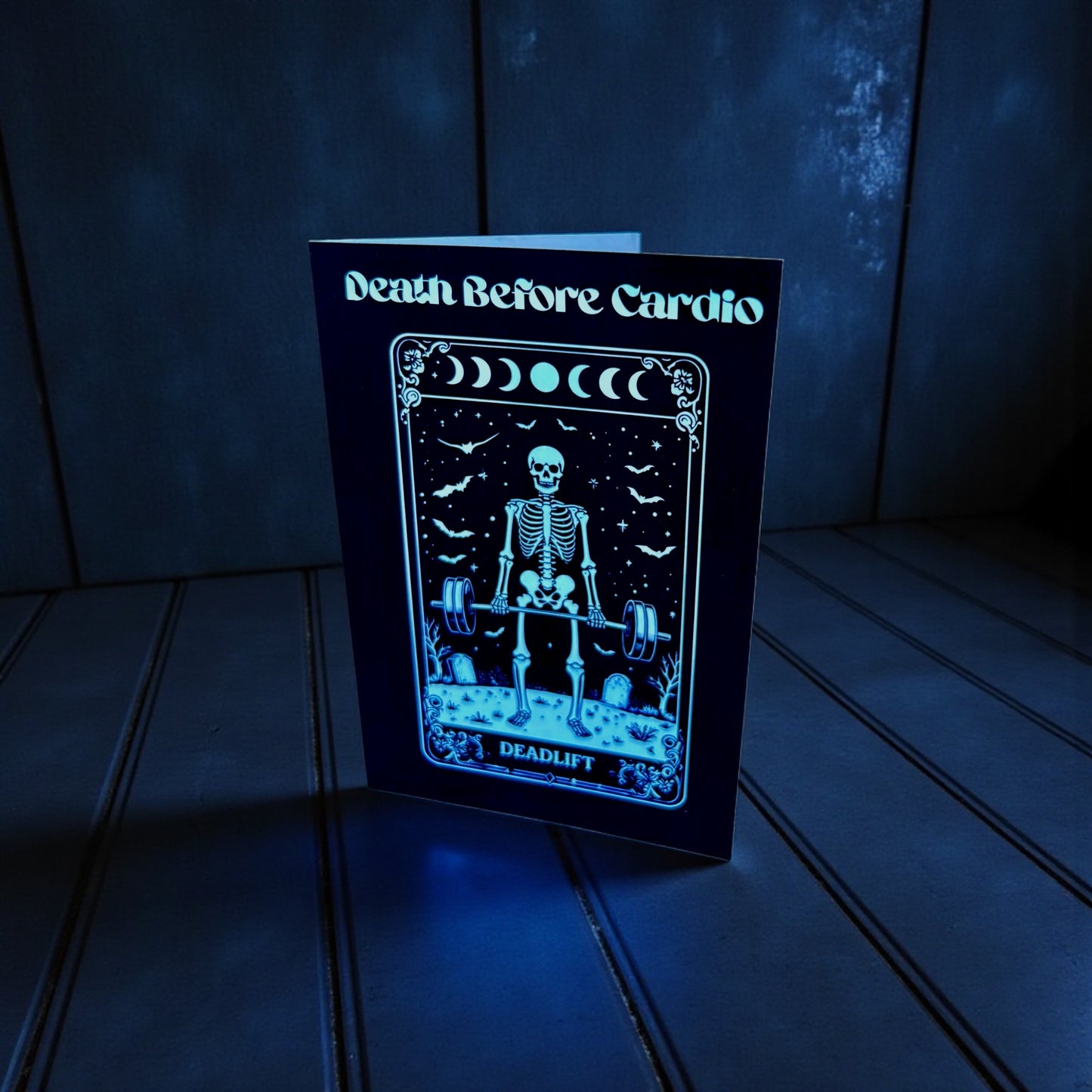 Death Before Cardio A5 Gothic Greeting Card | Skeleton Tarot Design