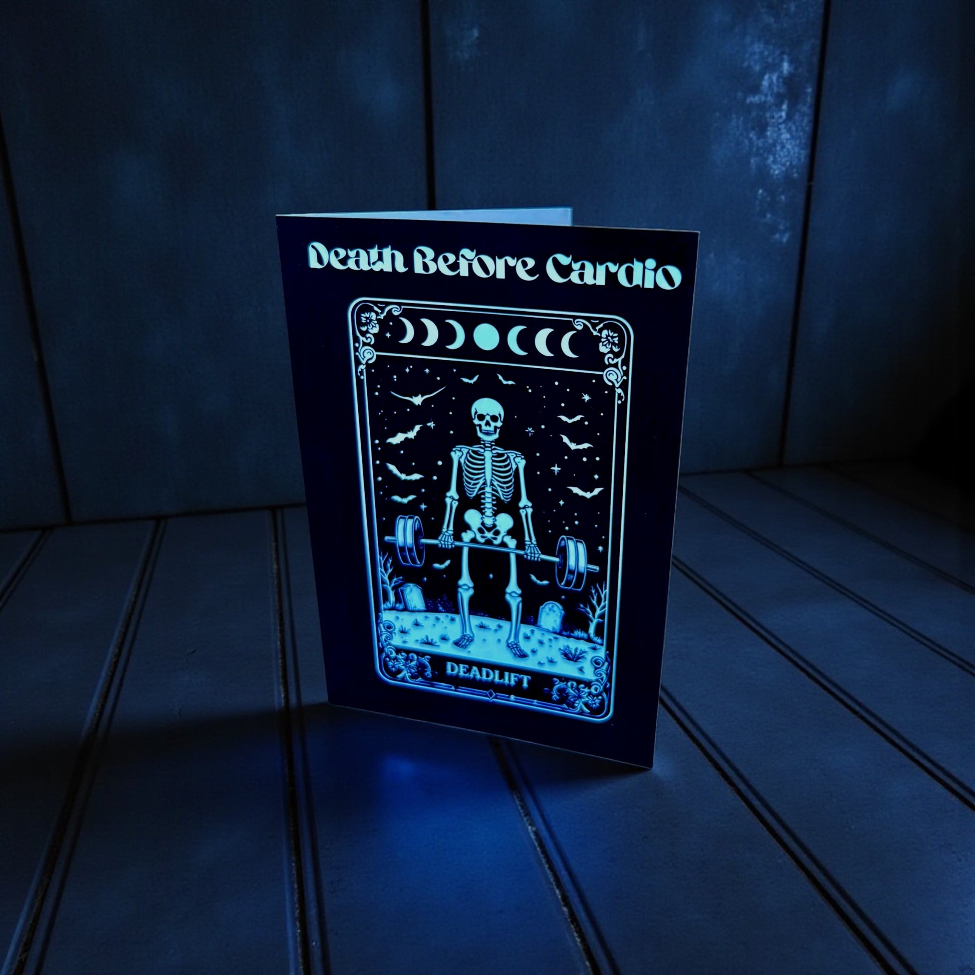 Death Before Cardio A5 Gothic Greeting Card | Skeleton Tarot Design