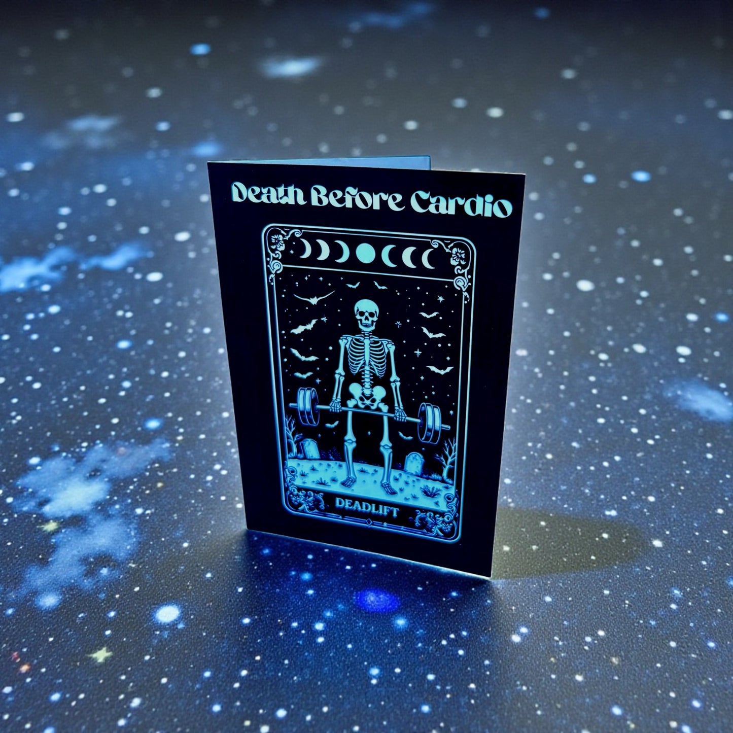 Death Before Cardio A5 Gothic Greeting Card | Skeleton Tarot Design