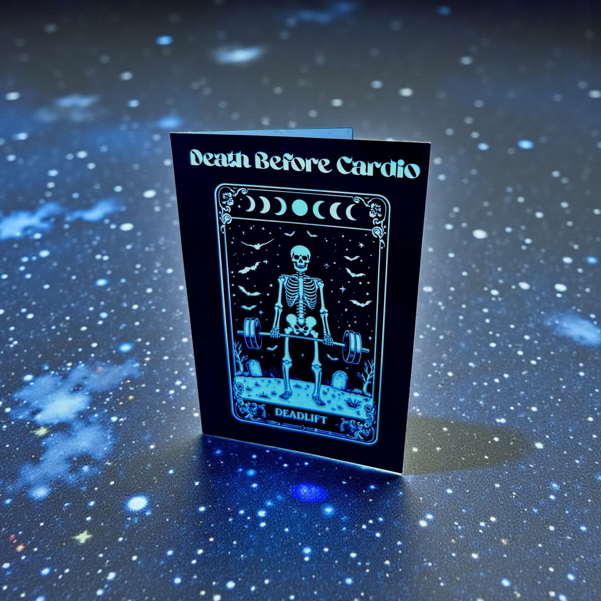 Death Before Cardio A5 Gothic Greeting Card | Skeleton Tarot Design