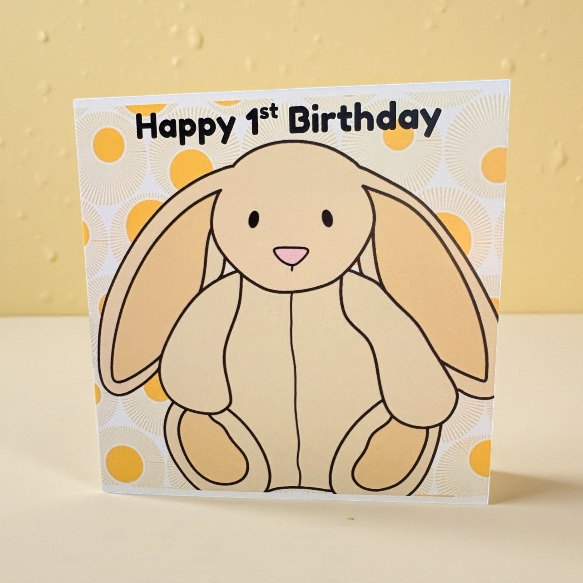 Plushie Bunny Birthday Card | Personalised with Name & Age | 6x6 Yellow Design