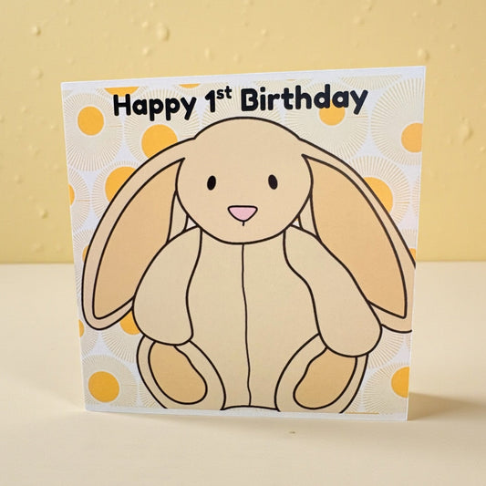 Plushie Bunny Birthday Card | Personalised with Name & Age | 6x6 Yellow Design