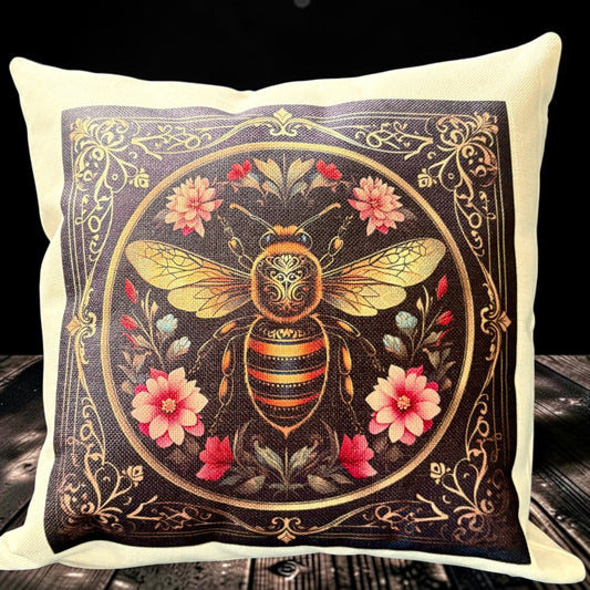 Hand Printed Linen Cushion | Golden Bee & Pink Flowers | Black | 40x40cm