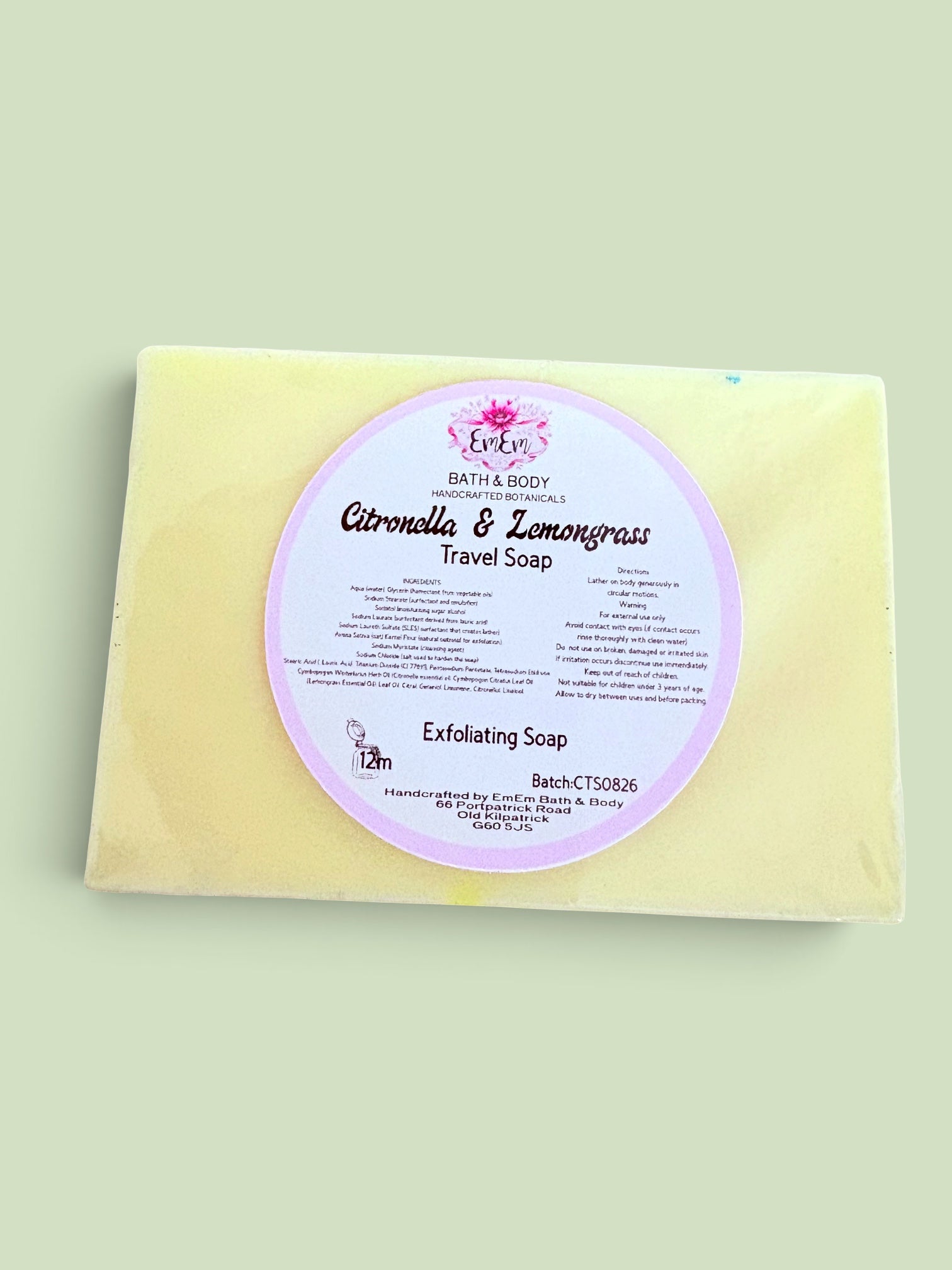 Citronella & Lemongrass Travel Soap | Shea Butter & Oats | 100g