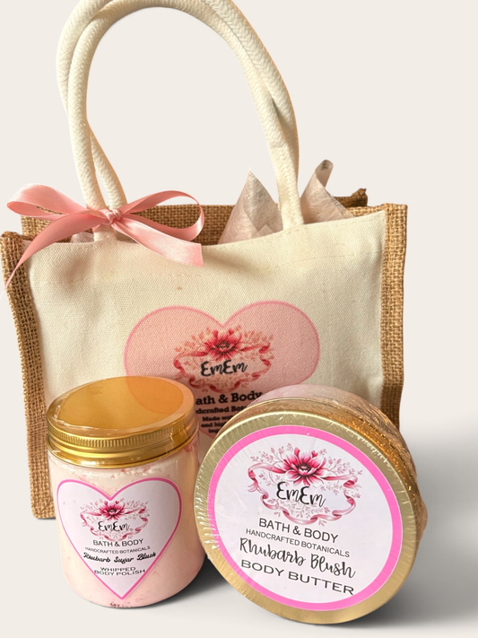 Rhubarb & Custard Gift Set | Handmade Body Scrub & Body Butter in Canvas Bag | 250ml Each