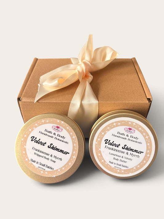 Velvet Shimmer Frankincense & Myrrh Skincare Duo – Whipped Soap & Body Butter