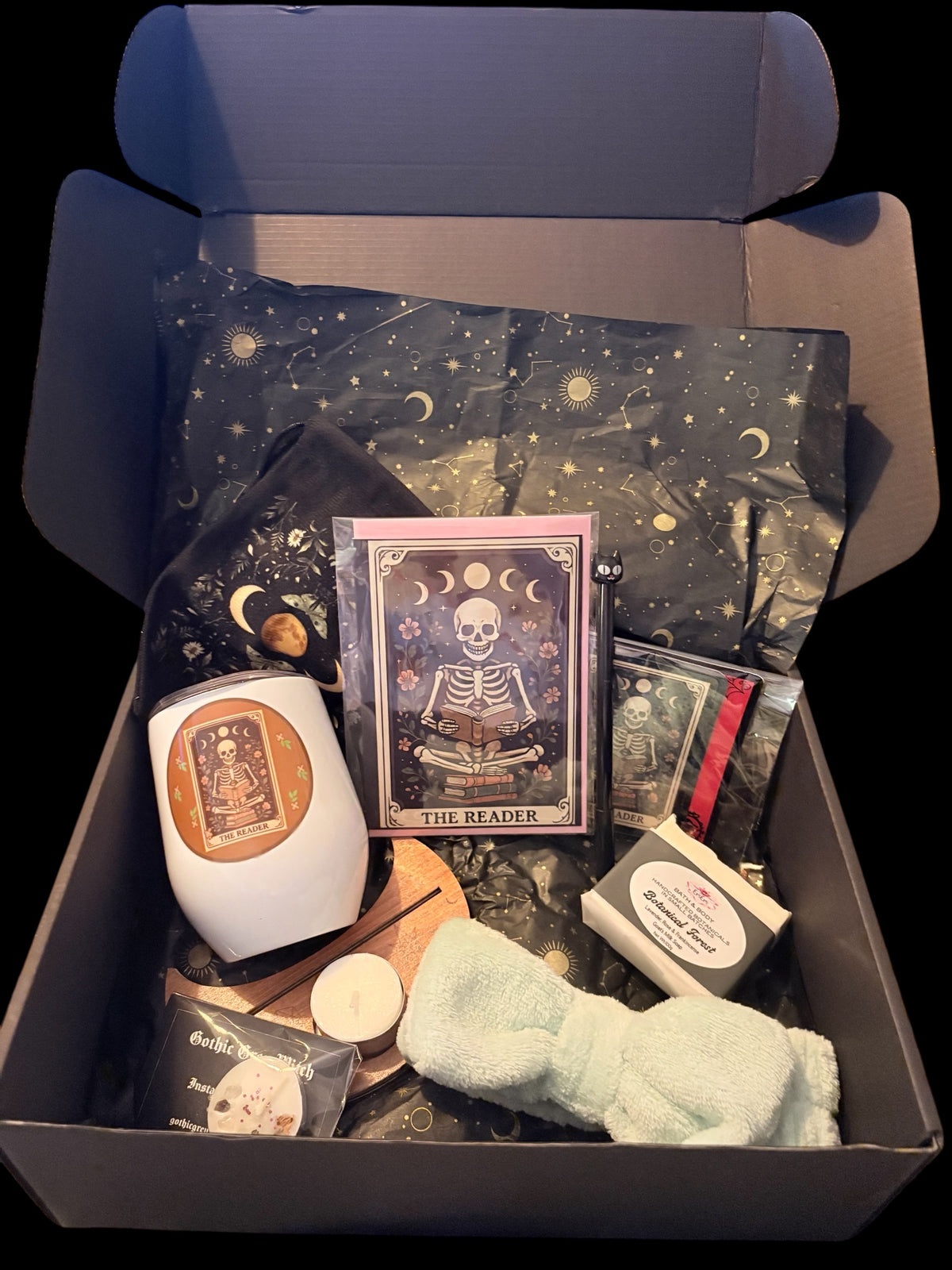 The Reader Witch Box – Tarot Inspired Gift Set with Wine Cooler, Botanical Soap & Moon Phase Holder