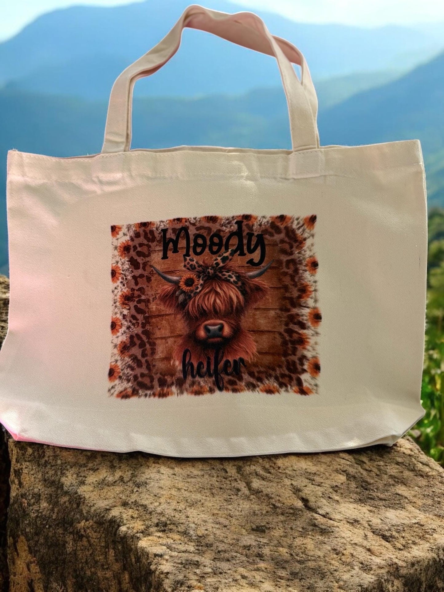 Highland Cow Tote Bag with “moody heifer”  and flower detail Highland Cow illustration,can be personalised