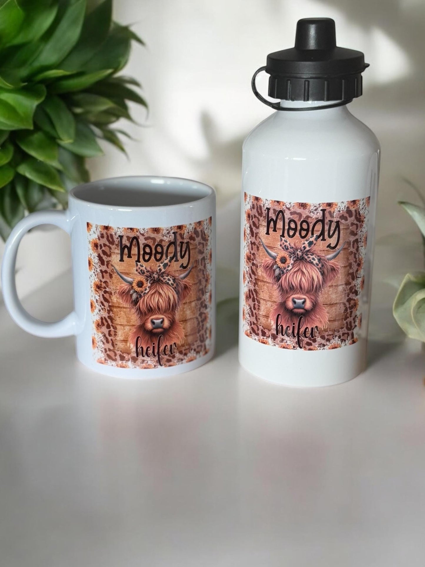 Highland cow mug - humorous mug with “moody heifer” and animal print design, highland cow lover gift