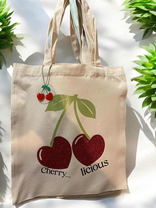 Glitter Cherry Tote Bag - Hand Decorated Reusable Shopping Bag