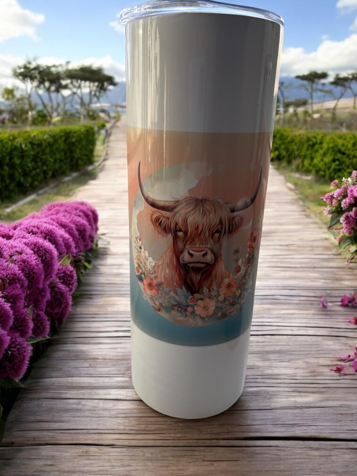 Floral Highland Cow Tumbler: 20oz Stainless Steel Travel Cup