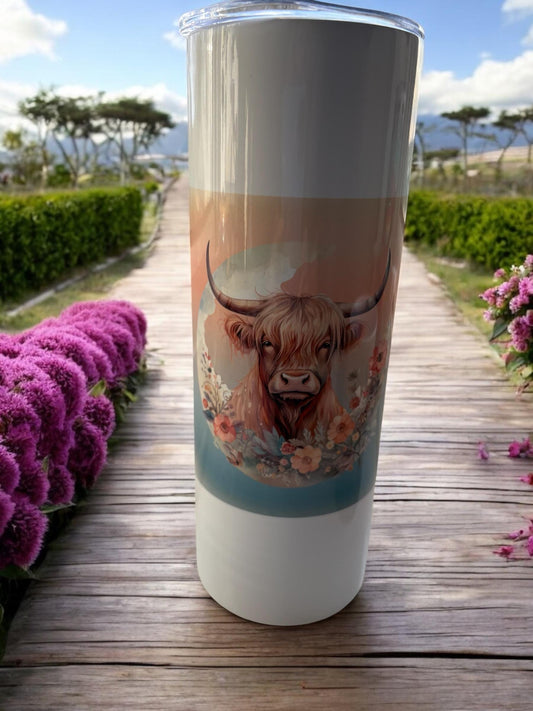 Floral Highland Cow Tumbler: 20oz Stainless Steel Travel Cup