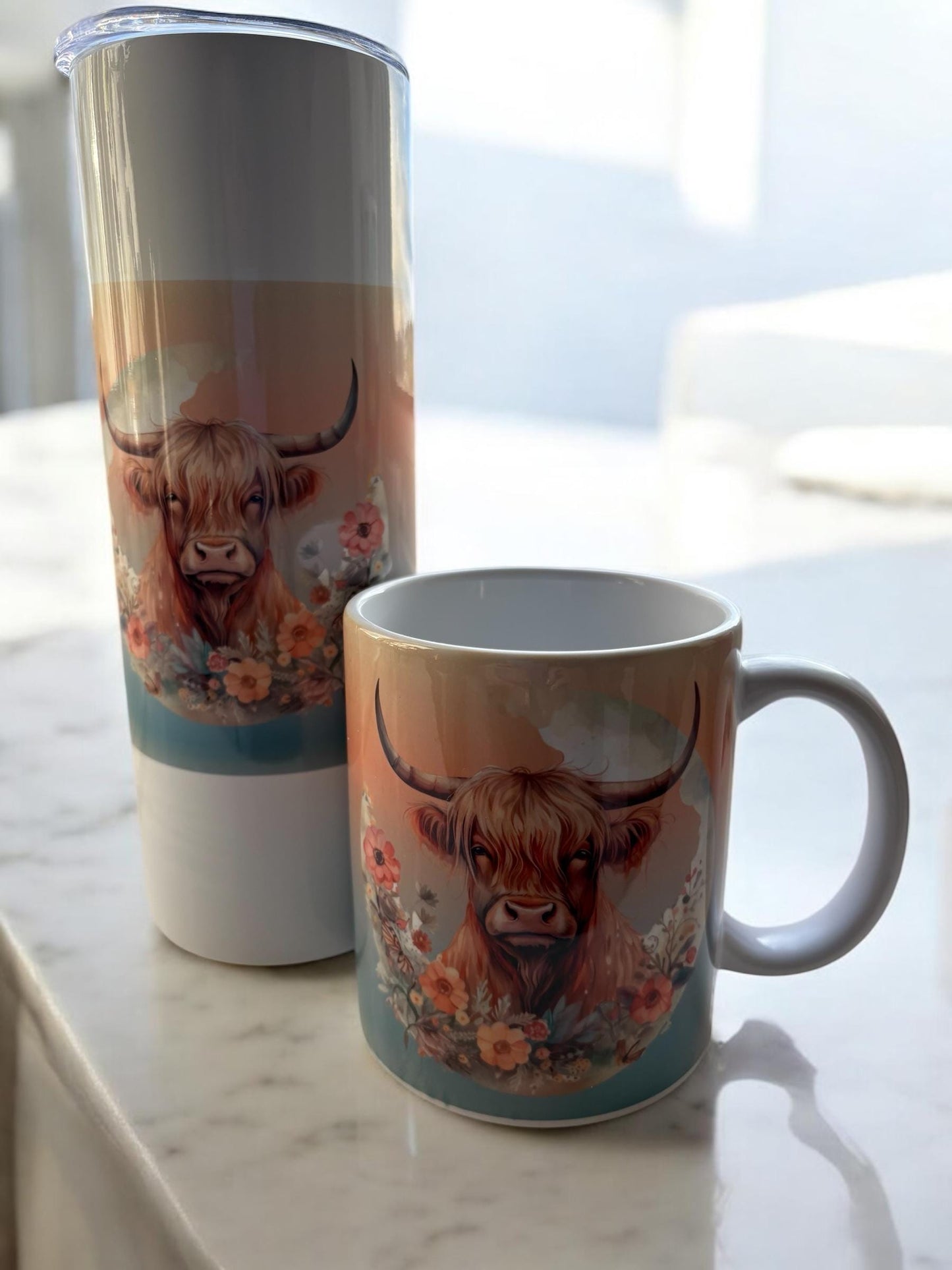 Floral Highland Cow Tumbler: 20oz Stainless Steel Travel Cup