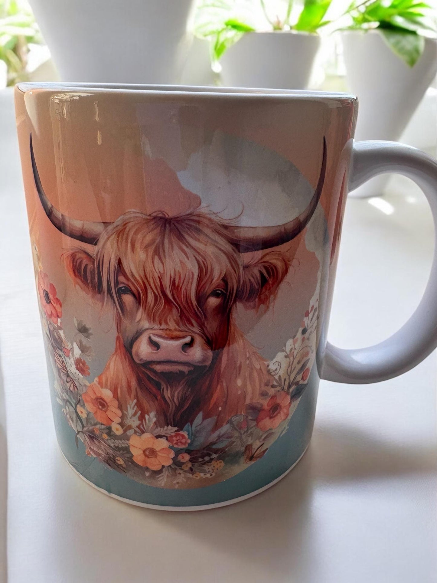 Highland Cow Floral Mug - Watercolour Ceramic Coffee Mug