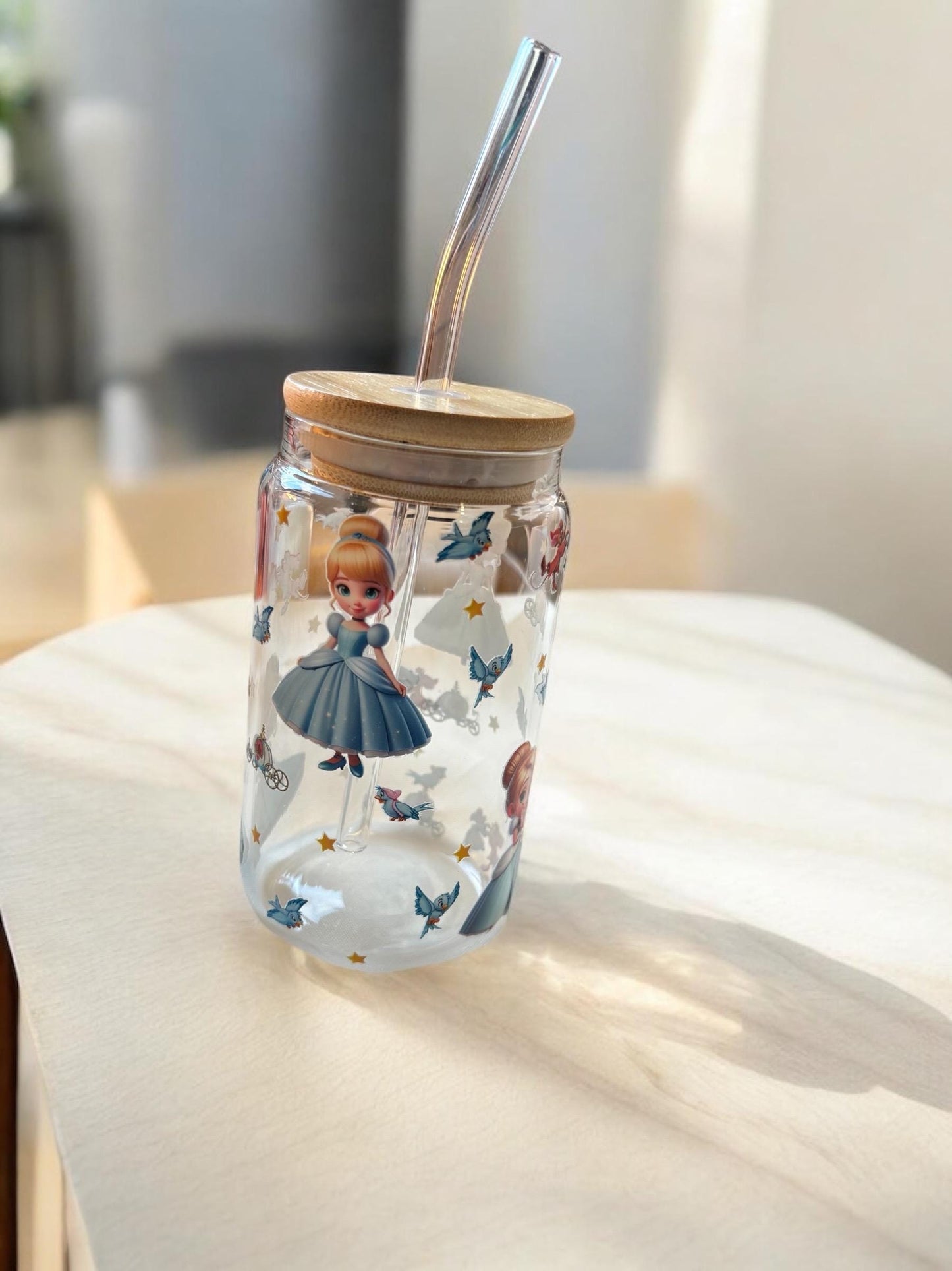 Flower Glass Tumbler with Bamboo Lid & Straw - Reusable Iced Coffee Cup