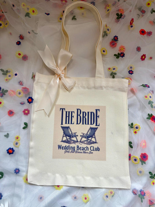 wedding tote bag for Bride with vintage beach design and ribbon, ideal for Bridal party gift, beach hen or for Brides stuff!