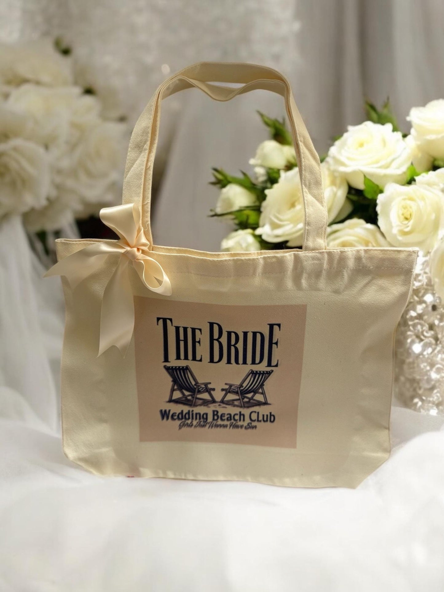 wedding tote bag for Bride with vintage beach design and ribbon, ideal for Bridal party gift, beach hen or for Brides stuff!