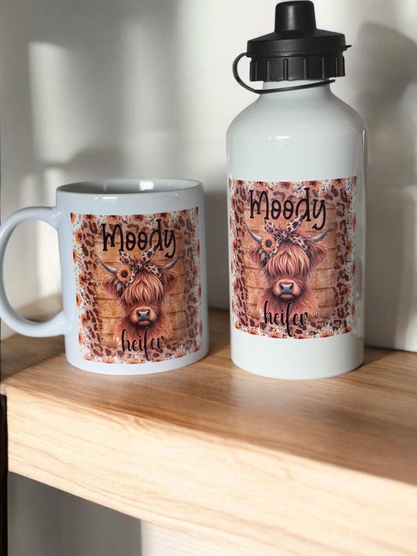 Moody Heifer Highland Cow Water Bottle - 500ml Stainless Steel with Clip