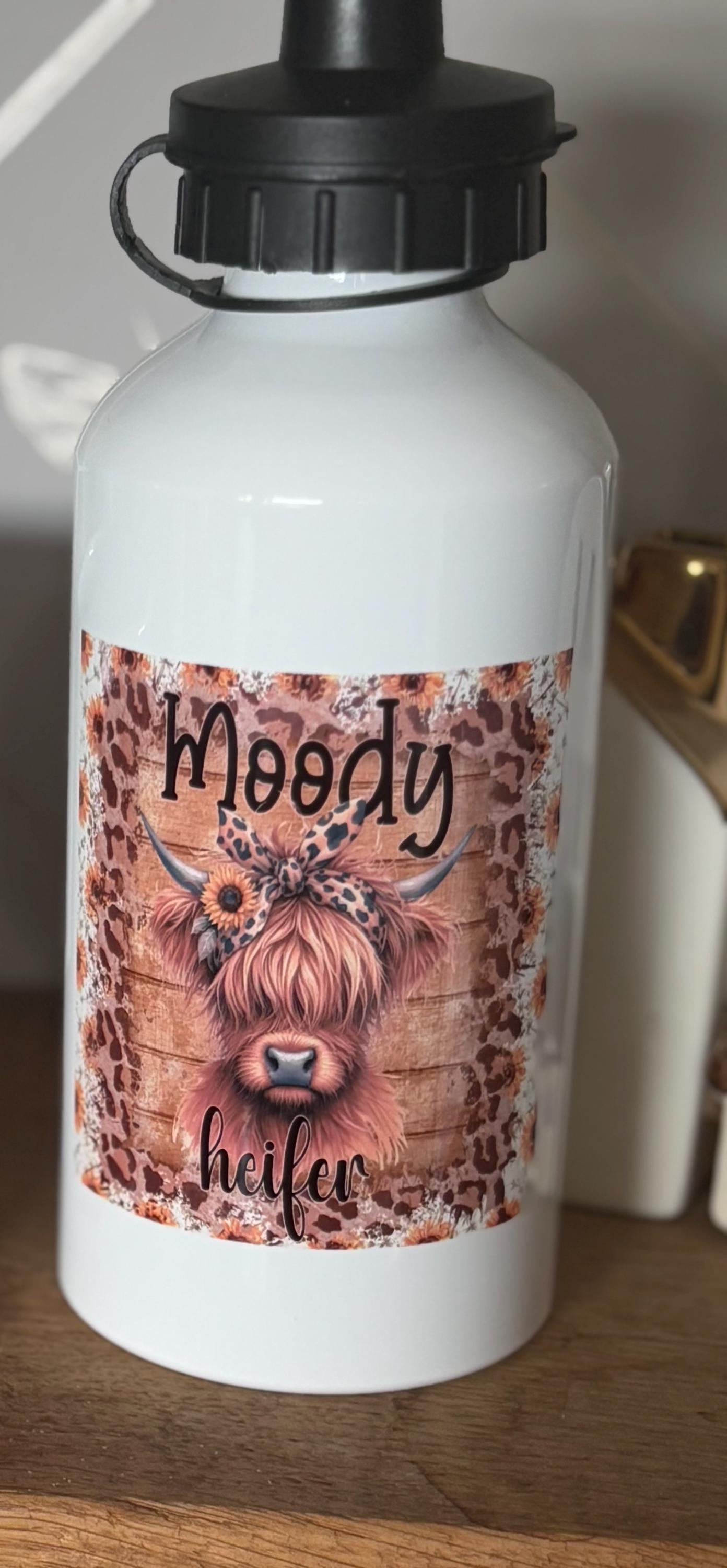 Moody Heifer Highland Cow Water Bottle - 500ml Stainless Steel with Clip