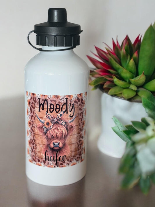 Moody Heifer Highland Cow Water Bottle - 500ml Stainless Steel with Clip