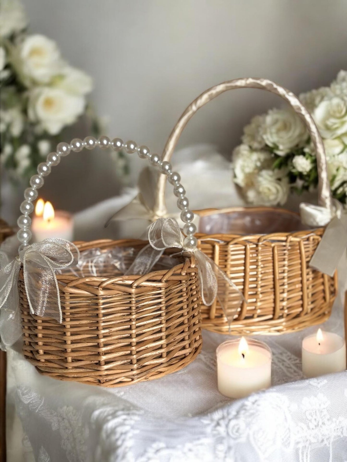 Elegant Flower Girl Basket with Ribbons- Wedding Aisle Decor, Classic Ceremony Accessory