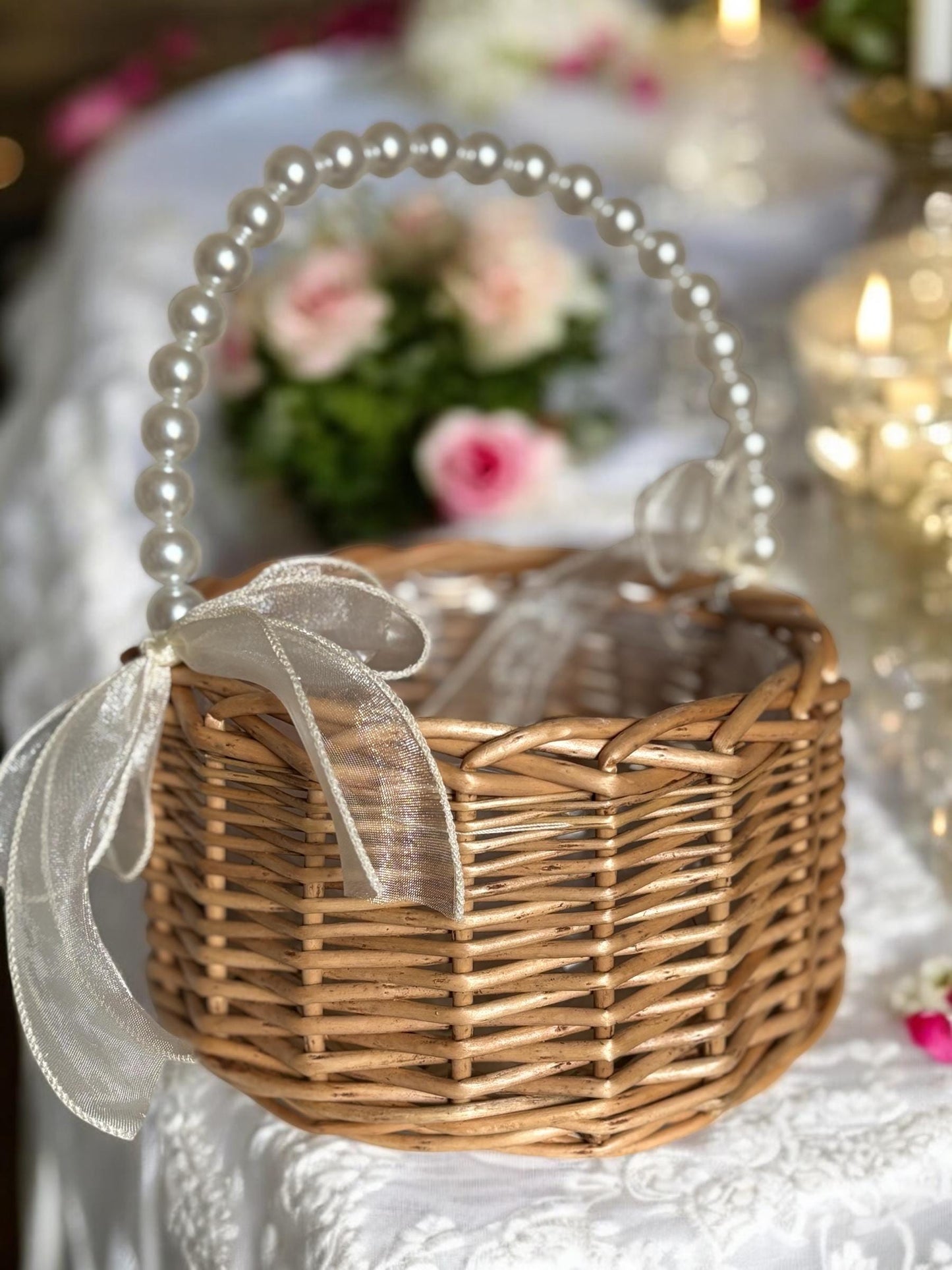 Elegant Flower Girl Basket with Ribbons- Wedding Aisle Decor, Classic Ceremony Accessory