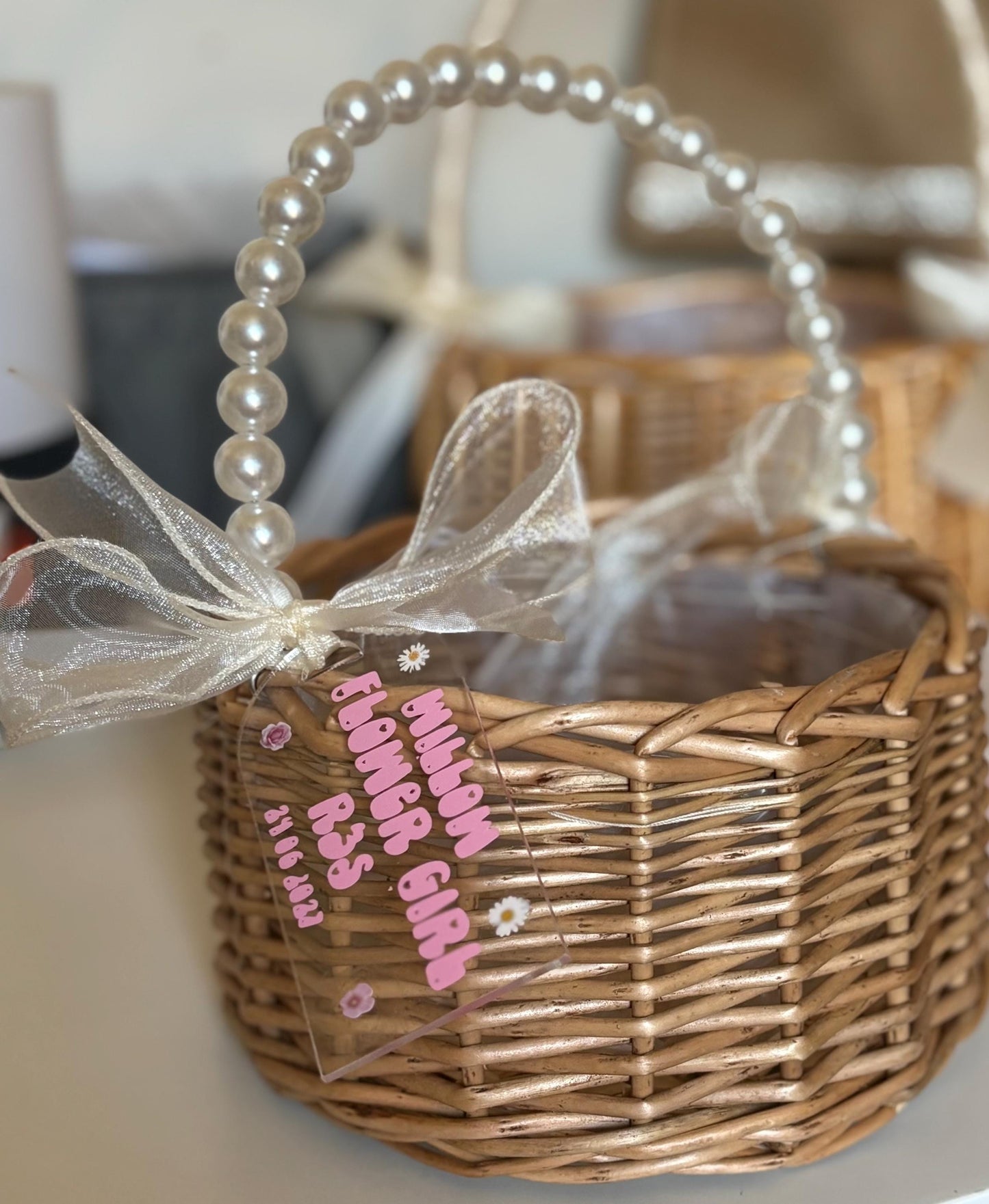 Elegant Flower Girl Basket with Ribbons- Wedding Aisle Decor, Classic Ceremony Accessory