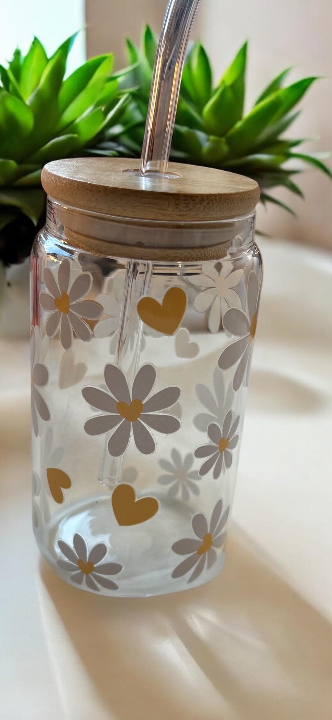 Flower Glass Tumbler with Bamboo Lid & Straw - Reusable Iced Coffee Cup