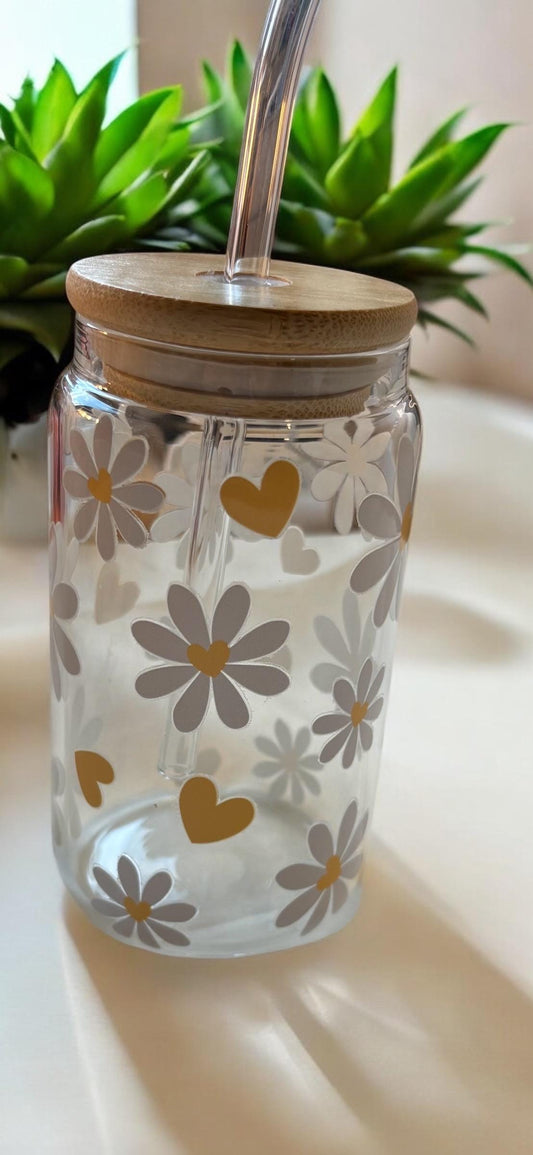 Flower Glass Tumbler with Bamboo Lid & Straw - Reusable Iced Coffee Cup