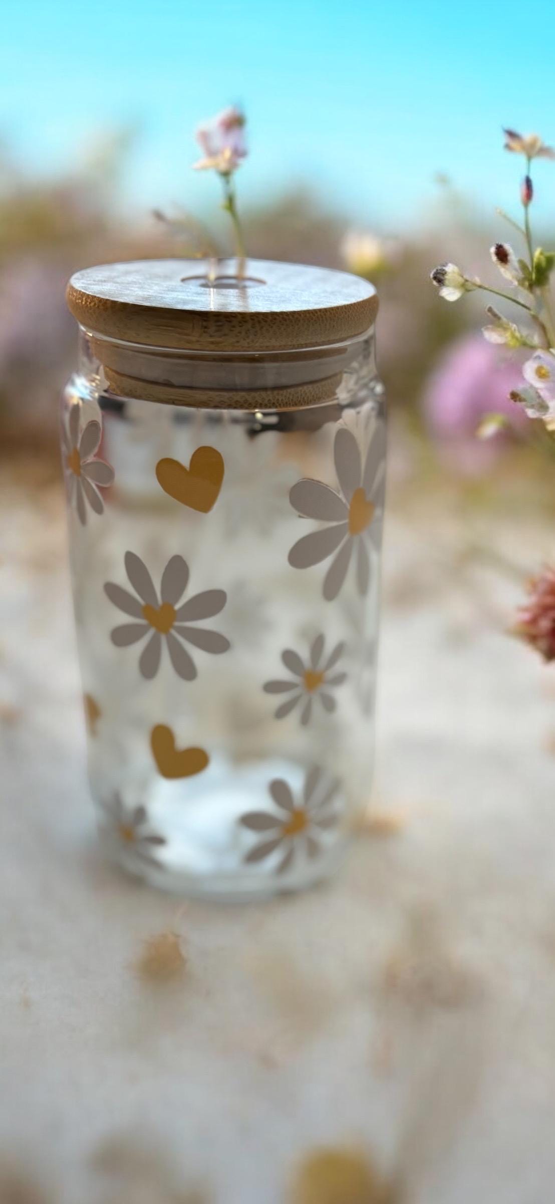 Flower Glass Tumbler with Bamboo Lid & Straw - Reusable Iced Coffee Cup