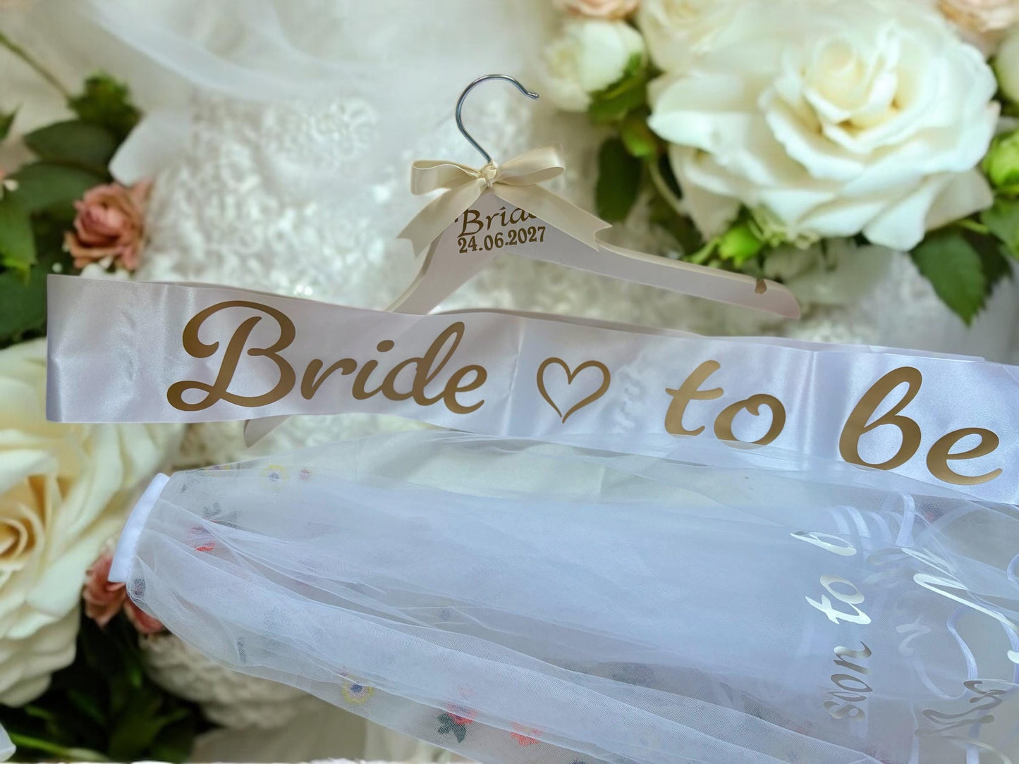 Personalised hen party veil with matching sash, also comes with a Bride hanger, perfect gift for Bride to be