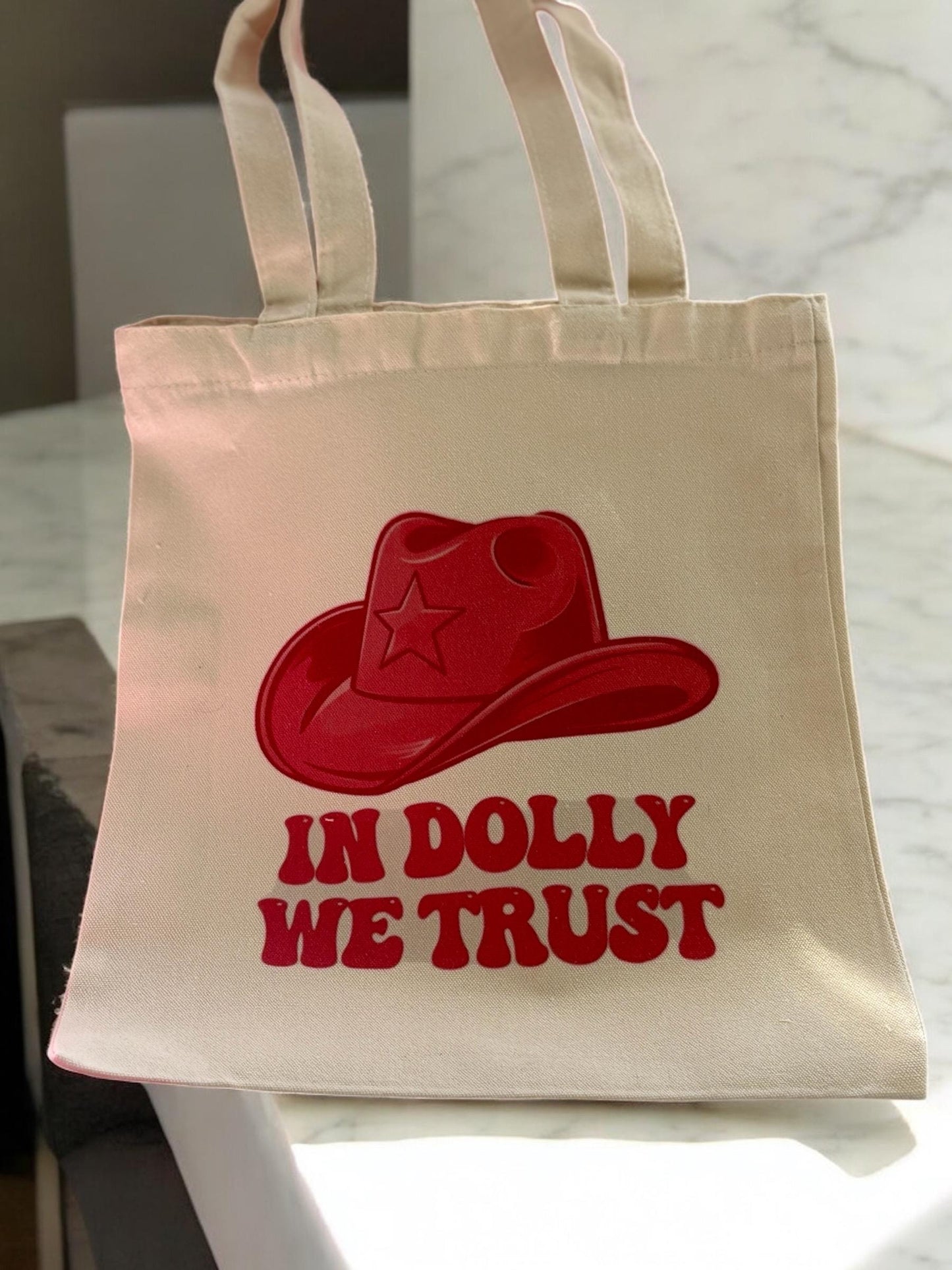 Cowgirl Tote Bag - Pink Stetson 'In Dolly We Trust' Personalised Gift