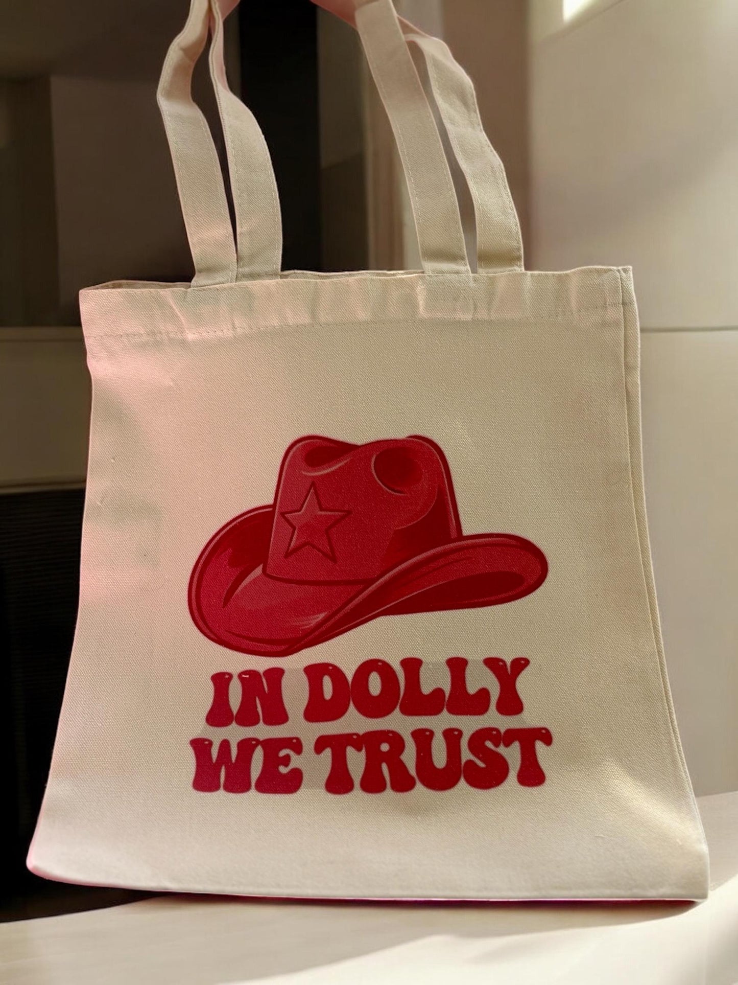 Cowgirl Tote Bag - Pink Stetson 'In Dolly We Trust' Personalised Gift