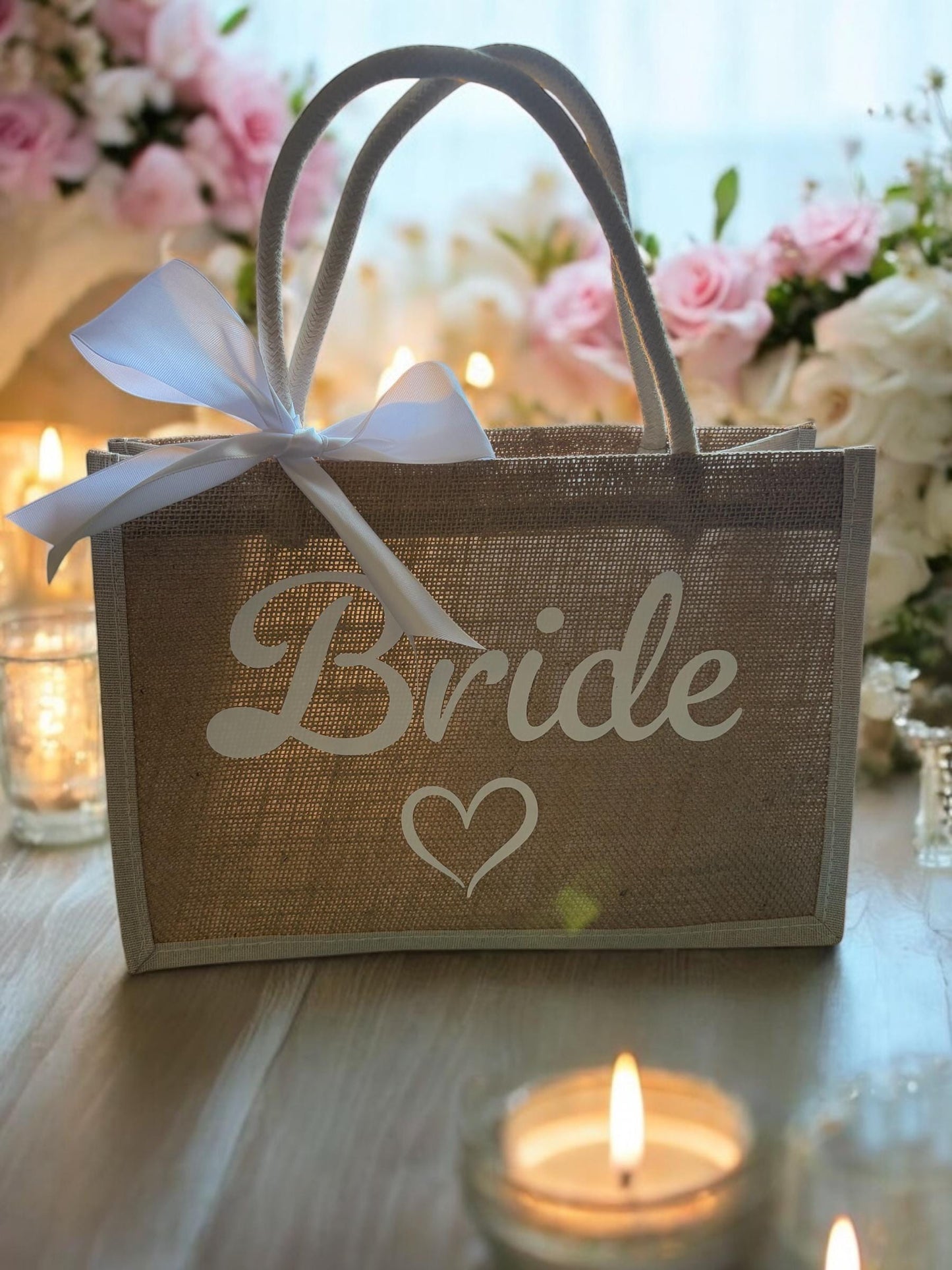 Bride Jute Tote Bag with  White Bow- Bridal gift, Wedding Day Tote or Bride getting ready Bag, Eco friendly Wedding Accessory