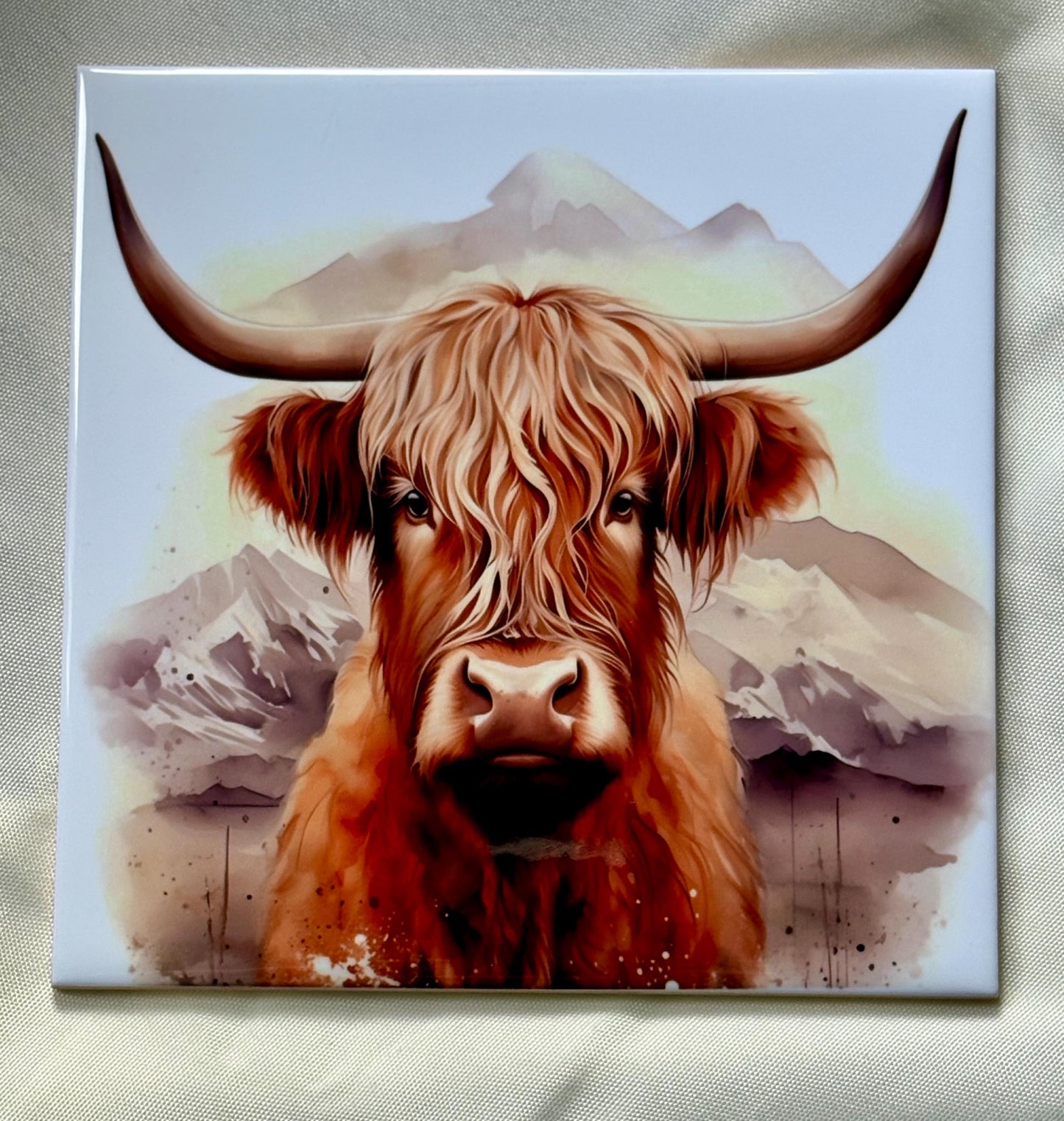 Highland Cow Ceramic Tile: Rustic Scottish Home Decor