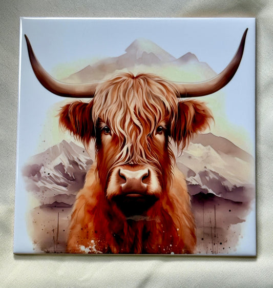 Highland Cow Ceramic Tile: Rustic Scottish Home Decor