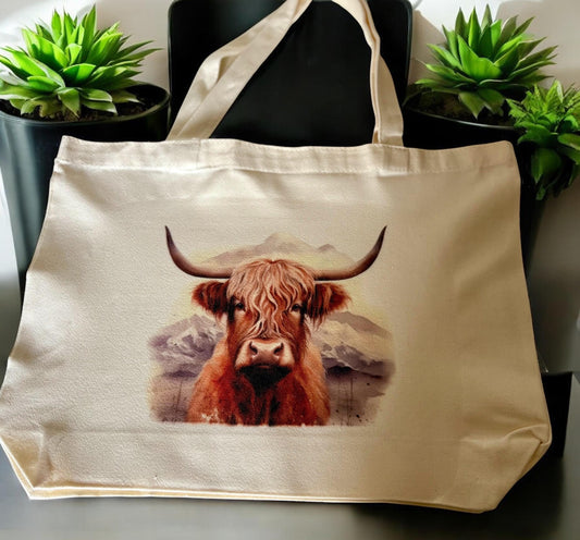 Handmade Highland Cow Tote Bag - Personalised Eco-Friendly Shopping Bag